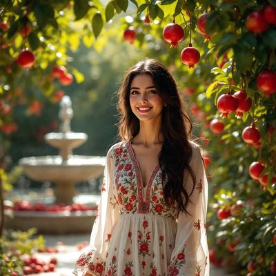 The primary subject of the image is a woman wearing a flowery dress, standing in an orchard filled with apple trees. The setting is an outdoor environment with a natural backdrop, and the visual style appears to be a photo. The colors in the image are predominantly shades of green and red, which create a lively and vibrant atmosphere.